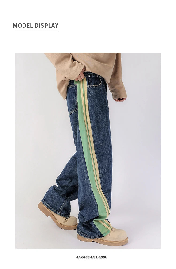 men streetwear fashion side splice hip hop loose casual wide leg straight baggy jeans pant cityboy jeans pants trousers unique jeans style 2494
