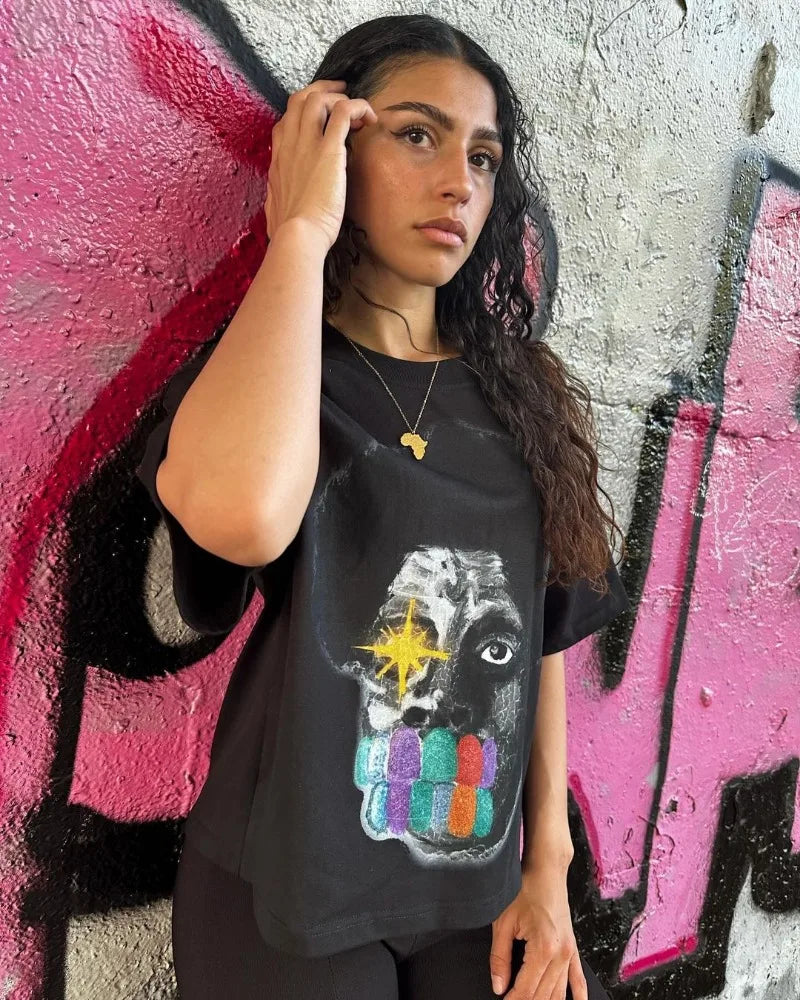Summer American High Street Fashion Brand Round Neck Short-sleeved Y2k Harajuku Retro Anime Print Oversized Couple T-shirt Top Street King Limited