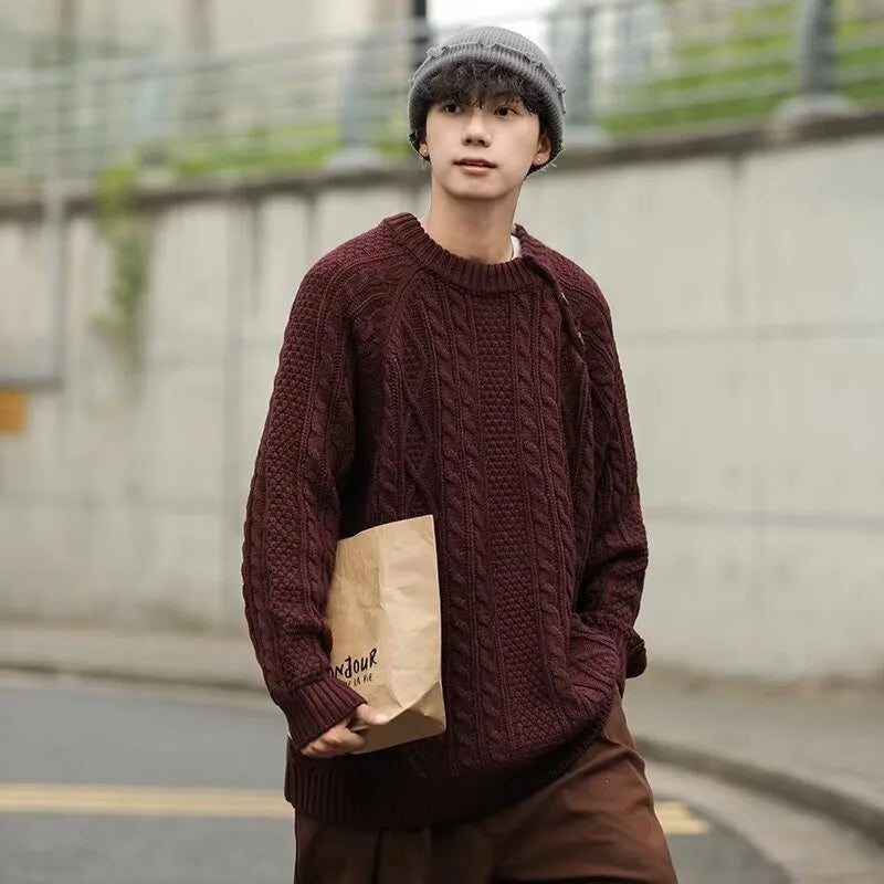 Thicken Japanese Retro Sweater Mens 2024 New College Couples Casual Warm Round Neck Pullover Red Simplicity Knitted Jacket Street King Limited