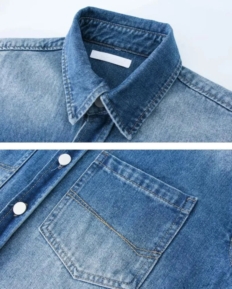 summer trend mens set shoulder padded short sleeved denim shirt quick drying casual pants 2 pcs set american retro street suit unique jeans style 3900