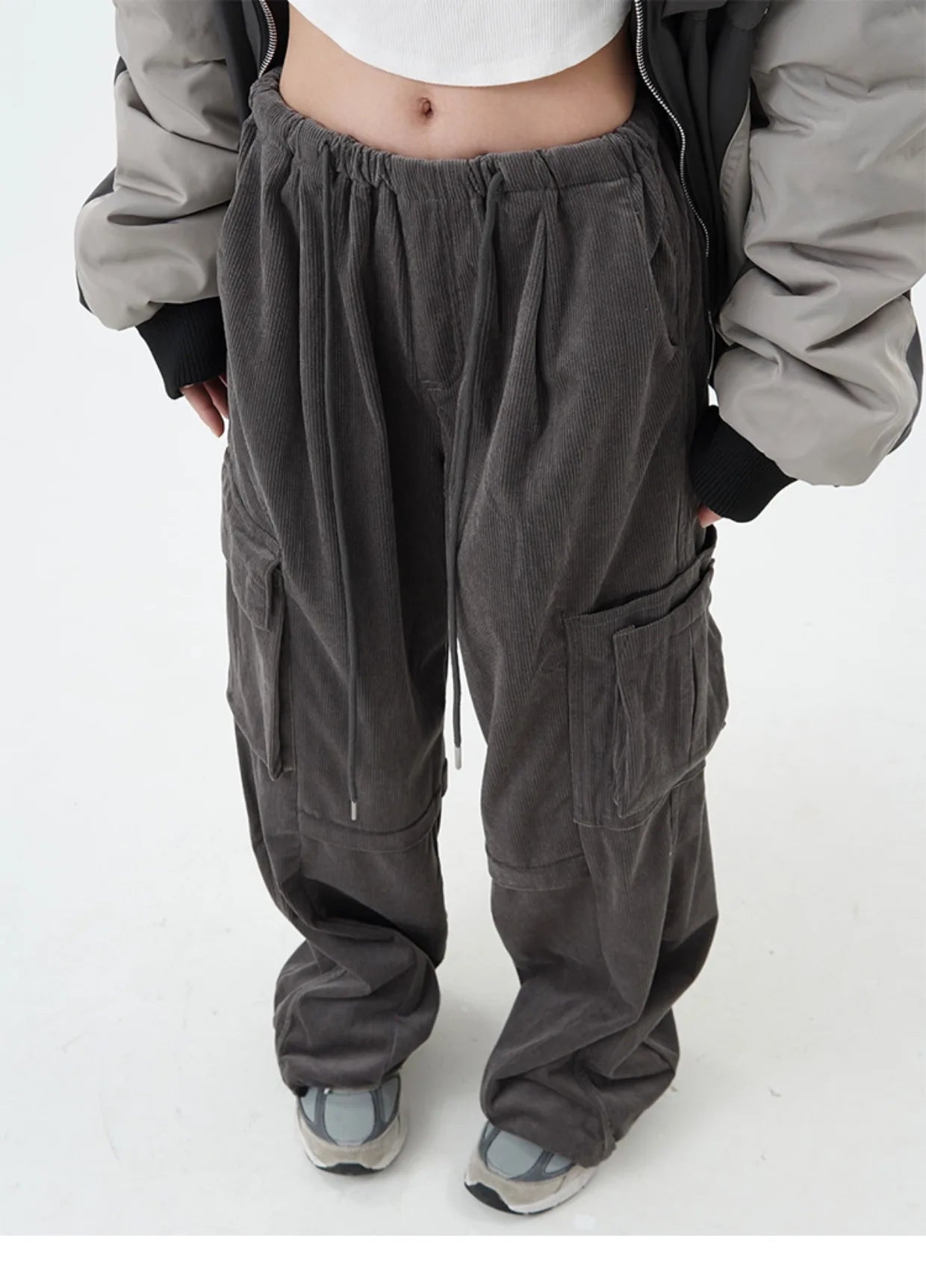 women high street corduroy pants casual elastic waist side pocket loose straight pant unisex hip hop y2k loose streetwear jogger unique joggers style 1353