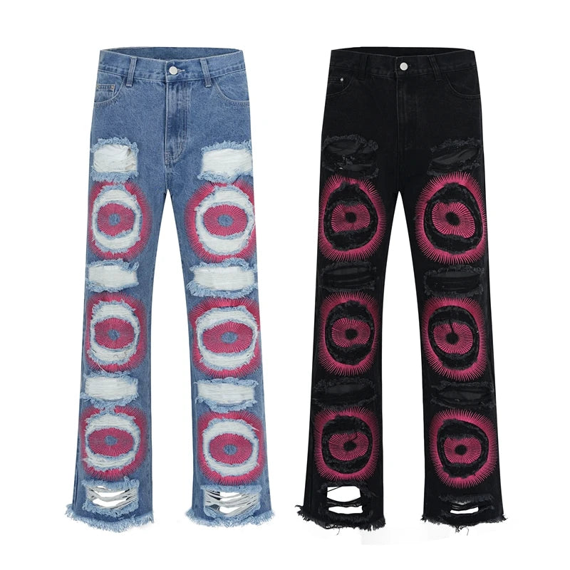 y2k streetwear embroidered ripped wide jeans for men washed destroyed torn flared jean male tassels hip hop jeans pants baggy unique jeans style 5168