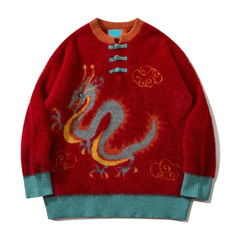 Hip Hop Knitted Sweater Unisex New Year Chinese Tie Dragon Pattern Pullover Streetwear Casual Loose Sweater Warm Jumper Knitwear Street King Limited