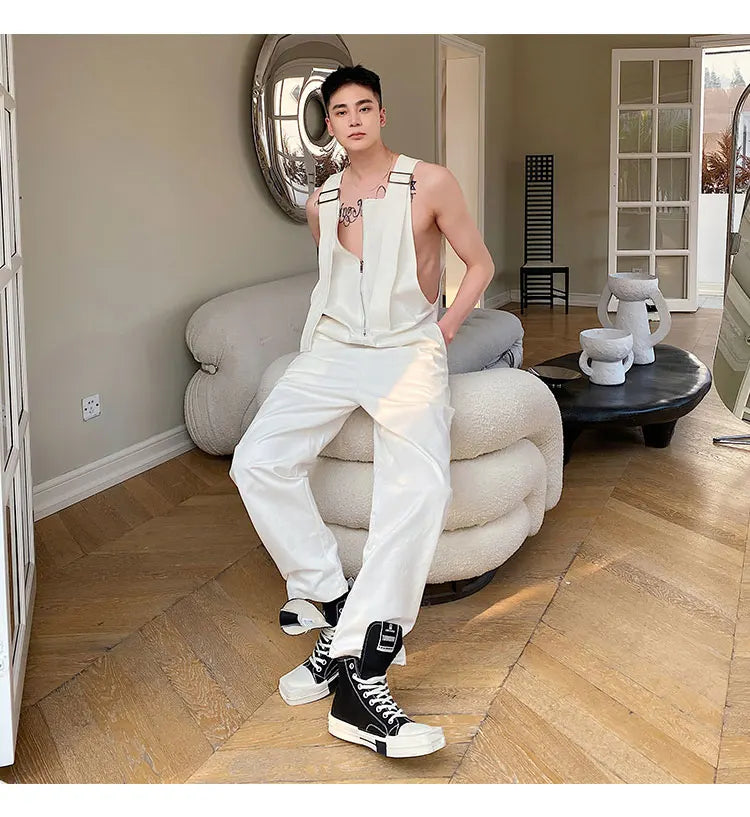 Trendy Men's Shoulder Strap Jumpsuit Pants Washed Loose Fitting Workwear Pants Multi Pocket Streetwear Cargo Suspenders Pants Street King Limited