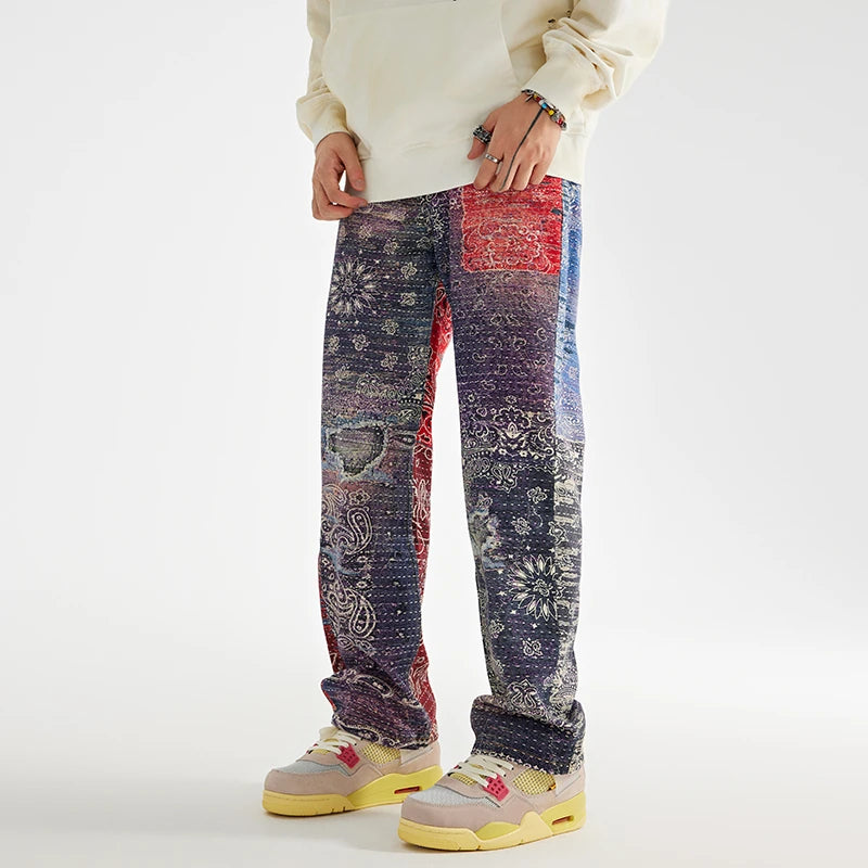 hip hop paisley printed denim jeans mens new casual zipper straight jeans streetwear high street loose pants baggy jeans joggers urban active pants