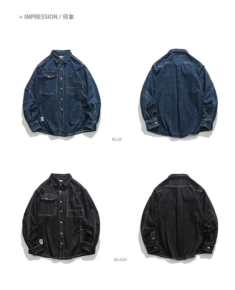 Vintage Men's Spring And Autumn New Washed Distressed Denim Shirt Jacket Loose Casual Long-Sleeved Coat Jacket Street King Limited