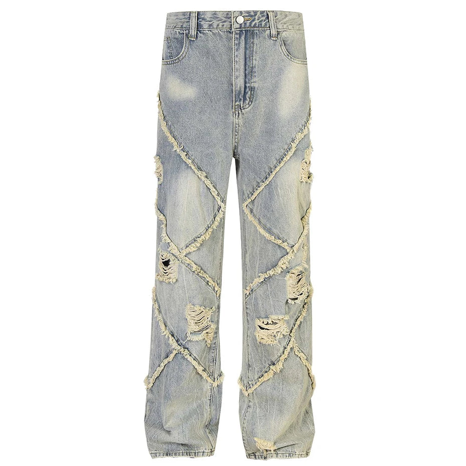 vintage ripped patchwork baggy jeans mens streetwear hip hop loose blue jeans trousers y2k distressed straight denim pants man unique jeans style 4215