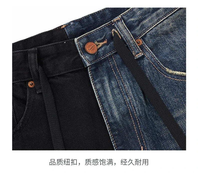men streetwear fashion black blue splice hip hop loose casual wide leg straight baggy jeans pant cityboy jeans pants trousers unique jeans style 2532
