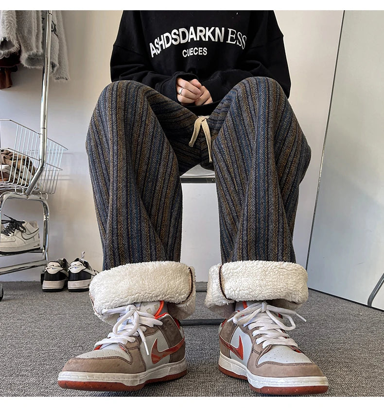 high quality stripe plaid mens trousers baggy straight fashion classic padded autumn winter casual pants male plus size m 8xl unique default style 1174