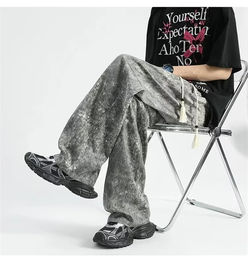 2024 goth tie dye corduroy pants mens autumn baggy wide leg straight casual trousers women drawstring hip hop y2k sweatpants unique joggers style 1352