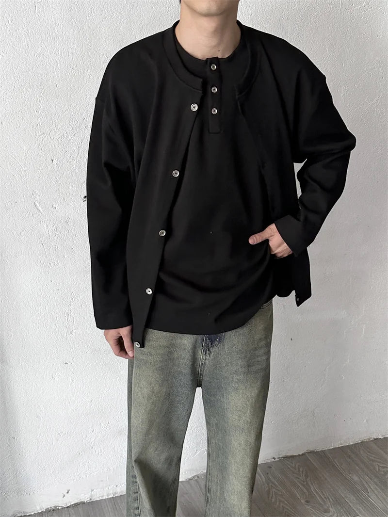 Streetwear New Casual Fake Two Piece Sweatshirts For Men Solid Color Henley Neck 2024 New Casual Fake Two Piece Sweatshirts For Men Solid Color Henley Neck Button Jackets Korean Fashion Loose Y2K Sudaderas Fashion Sweater Jacket With Graphic Design For Men