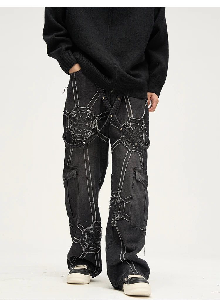 punk belt denim jeans pants women harajuku streetwear side pocket cotton men unisex casual baggy joggers straight pants trousers unique joggers style 3355