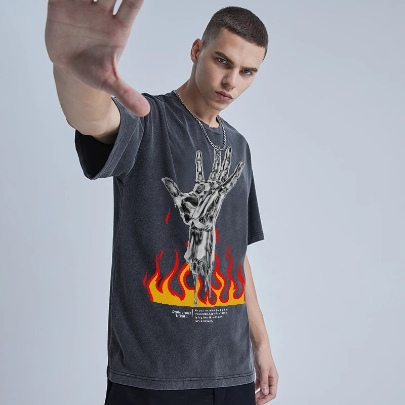 Rainbowtouches Washed Men's New T Shirt Vintage Unisex Hand Print Design Shirt High Street Graphic Fashion Loose Mens T Shirts Street King Limited