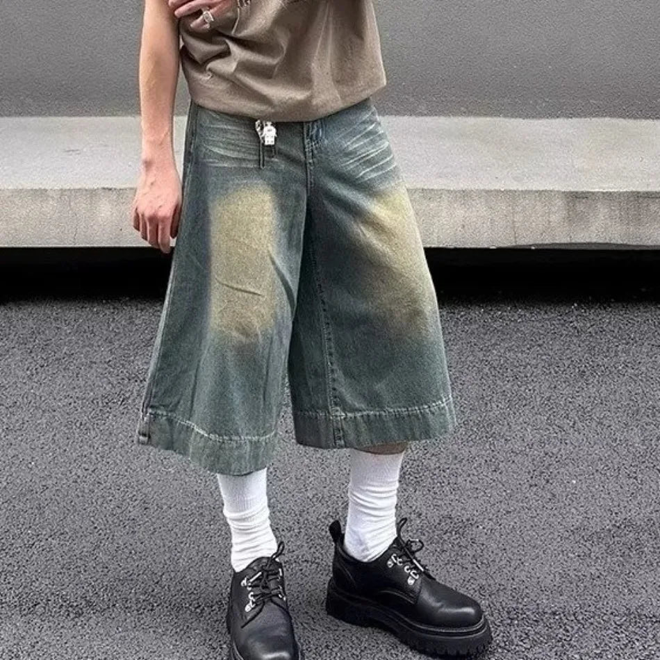 Summer Trend Denim Cropped Trousers Mens American Hip Hop Washed Wide Leg Shorts Unisex High Street Straight Cowboy Mid Pants Street King Limited