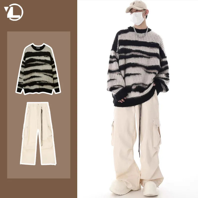 korean hip hop set men striped vintage knit sweater drawstring big pocket cargo pants 2 pcs set spring college casual suit 2024 unique cargo style 4330