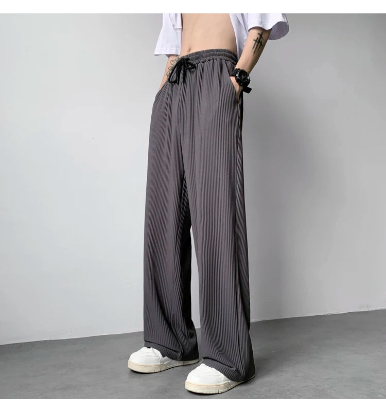 summer pleated pants men fashion oversized ice silk pants men japanese streetwear hip hop loose straight pants mens trousers unique default style 1254