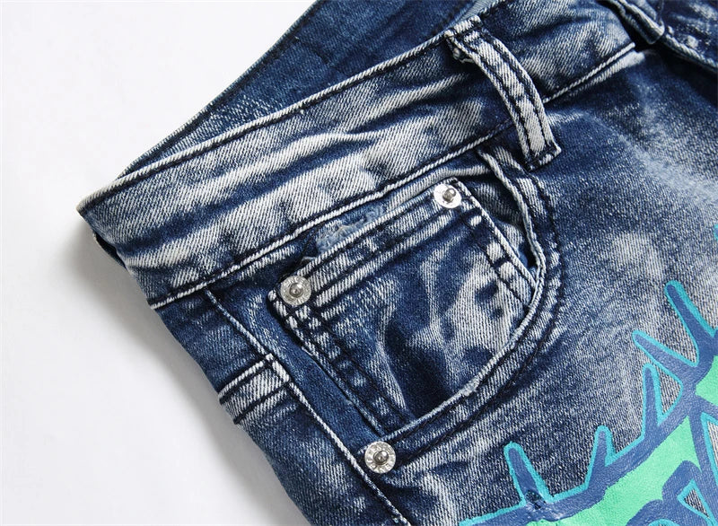fashion skull graffiti jeans lightning printed denim pants mens distressed biker jeans streetwear slim hip hop pants joggers unique joggers style 4821