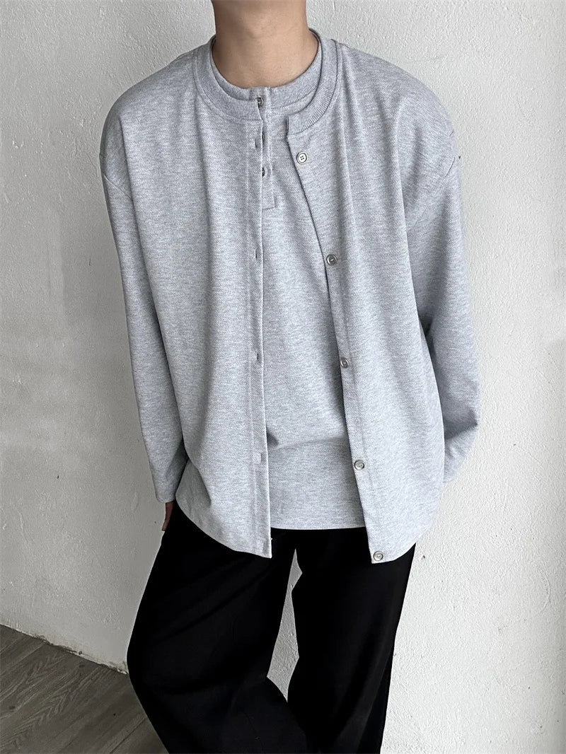 Streetwear New Casual Fake Two Piece Sweatshirts For Men Solid Color Henley Neck 2024 New Casual Fake Two Piece Sweatshirts For Men Solid Color Henley Neck Button Jackets Korean Fashion Loose Y2K Sudaderas Fashion Sweater Jacket With Graphic Design For Men