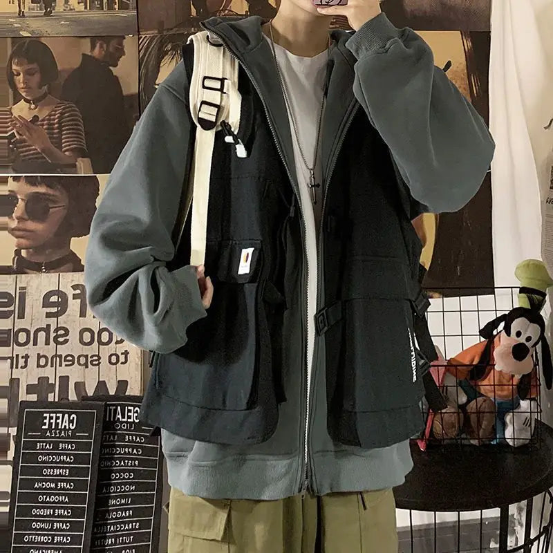 Fake two-piece coat men's ins, trendy Japanese functional workwear hooded jacket, autumn European and American retro trend tops Street King Limited