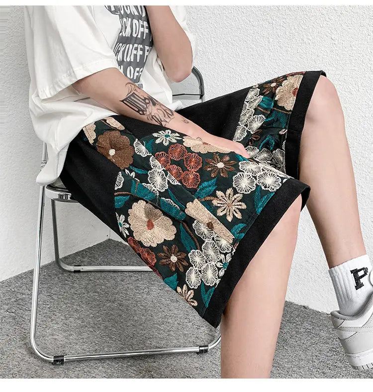 Summer Embroidery Shorts Men Fashion Casual Flower Shorts Mens Japanese Streetwear Loose Hip-hop Straight Shorts Men Plus Size Street King Limited