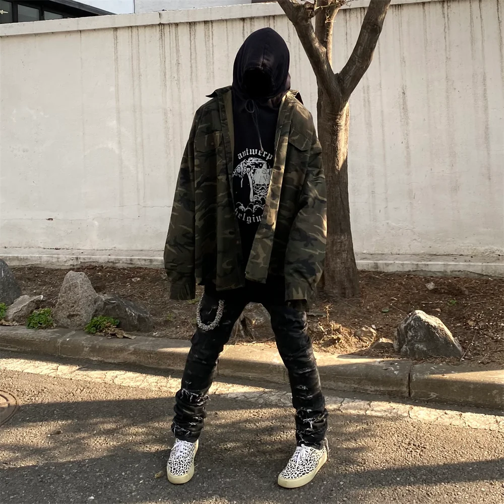 Undermycar High Street Trendy Brand High Quality Extra Large Washed and Worn Dark Checker Patch Camo Shirt Street King Limited