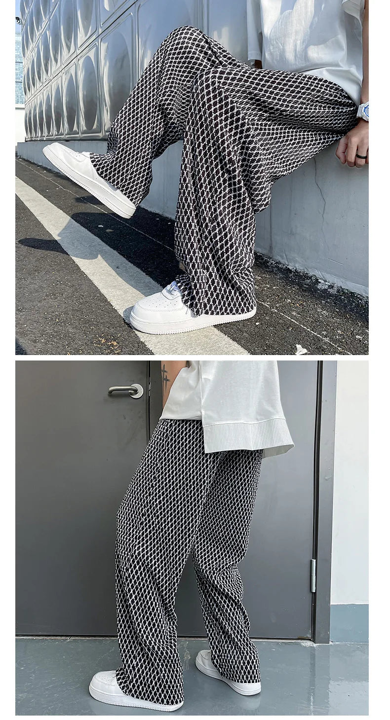 Summer Pleated Pants Men Fashion Casual Plaid Pants Men Streetwear Korean Loose Straight Ice Silk Pants Mens Plus Size Trousers Street King Limited