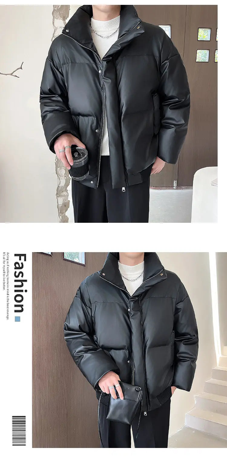 Winter Stand Collar Thicken Leather Short Jacket Men Fashion Loose Casual Warm Cotton-padded PU Leather Bomber Jacket Parka Coat Street King Limited