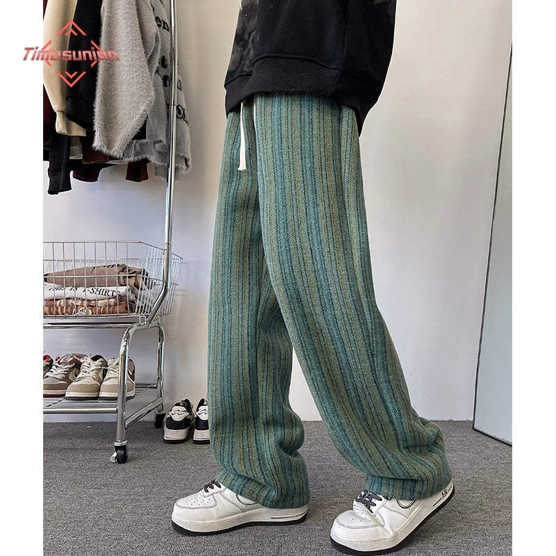 high quality stripe plaid mens trousers baggy straight fashion classic padded autumn winter casual pants male plus size m 8xl minimalist street pants