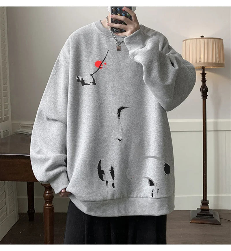 Ink Painting Cartoon Crane Printed Pullover Hoodies For Men 2024 New Hip Hop Fashion Crewneck Hoody Y2K Streetwear Sweatshirts Street King Limited