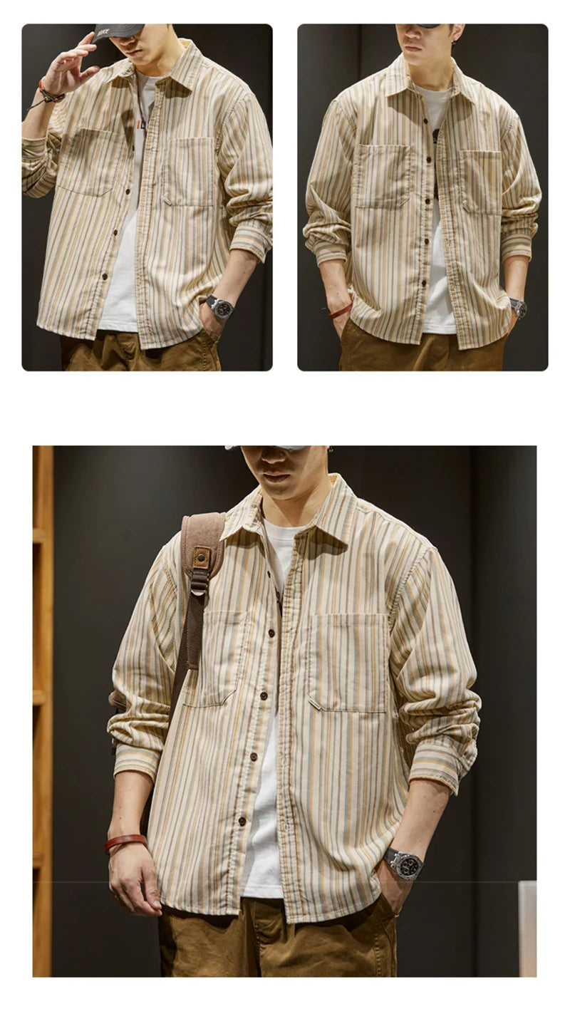 Streetwear Autumn Loose Striped Long Sleeve Shirts For Men Korean Fashion High Qu Autumn Loose Striped Long Sleeve Shirts For Men Korean Fashion High Quality Casual Shirt Y2K Streetwear Stand Collar T Shirts Fashion Sweater Jacket With Graphic Design For Men