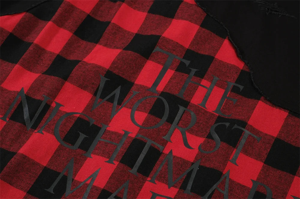 Undermycar 2023 New Worn Out Heavy Work Durable Splice Extra Large Loose Plaid Shirt with Black and Red Plaid Street King Limited