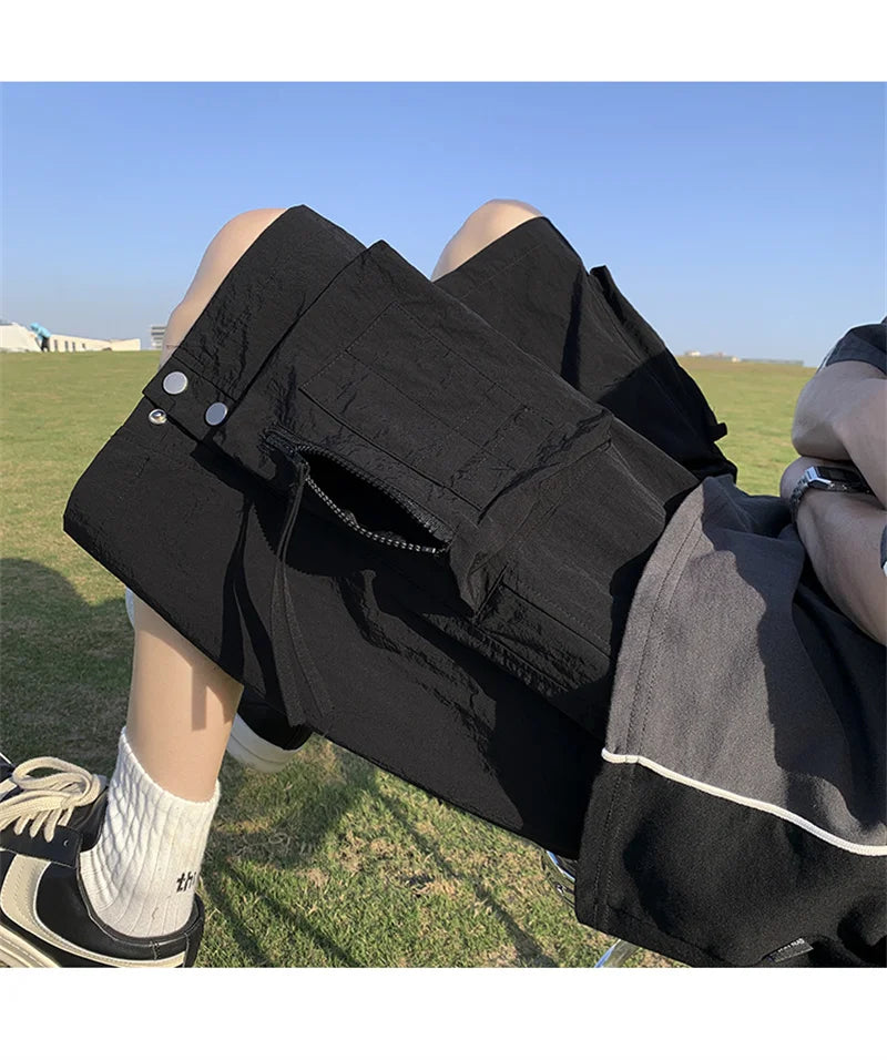 summer casual purple cargo shorts men high street drawstring pocket baggy short sweatpants y2k hip hop bermudas homme shorts unique joggers style 173