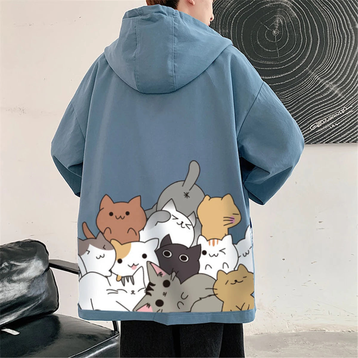Black Cat Print Baseball Jacket Boys Long Sleeve Loose Ins Harajuku High Street Tops Streetwear Gothic Gray Bomber Jacket Men Street King Limited