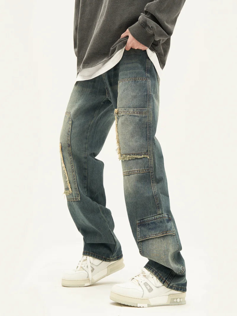 retro washed denim jeans destroyed ripped loose mens biker jeans side pocket fashion streetwear hip hop straight pants joggers sporty tapered joggers