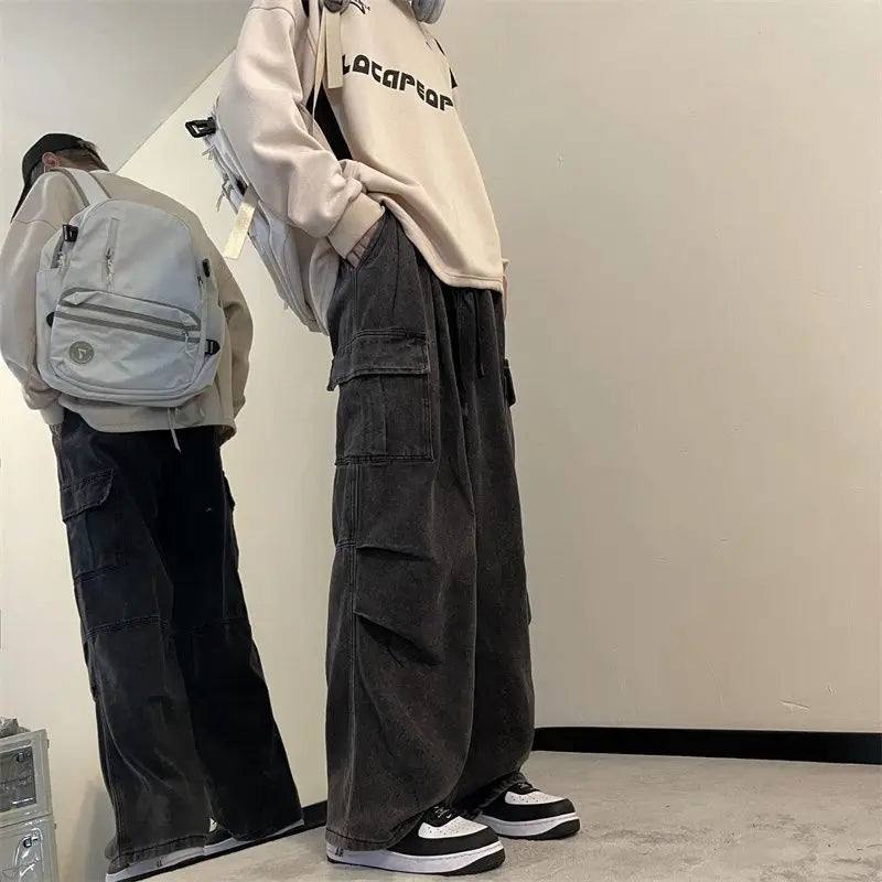 spring and autumn high street men and women trendy american washed straight leg jeans couple american loose retro casual pants unique jeans style 614