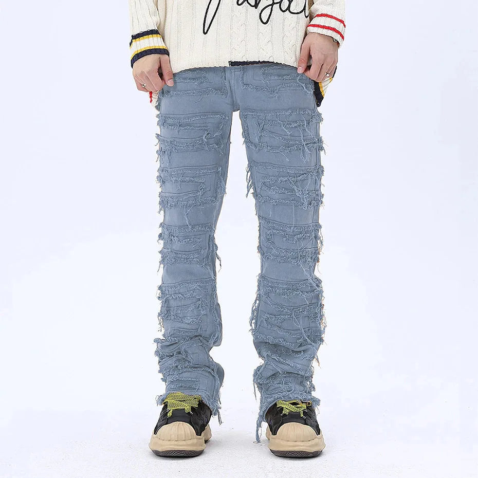 tassel hole spliced european and american straight leg denim pants new popular patch jeans mens wear unique jeans style 301