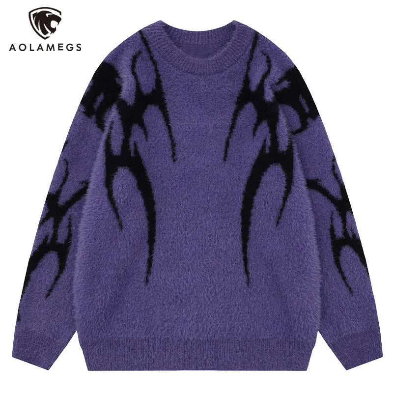 Men Sweater Harajuku High Street Winter Warm Knitted Coat Oversized Thorn Pattern Top Loose Gothic Punk Pullover Street King Limited