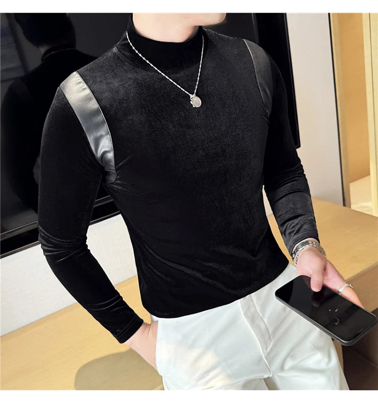 Turtleneck Stretch Slim-fit T-shirt Men Long Sleeve Thicken Elastic Velvet Retro Fashion Casual Tshirt Handsome Man T Shirts Street King Limited