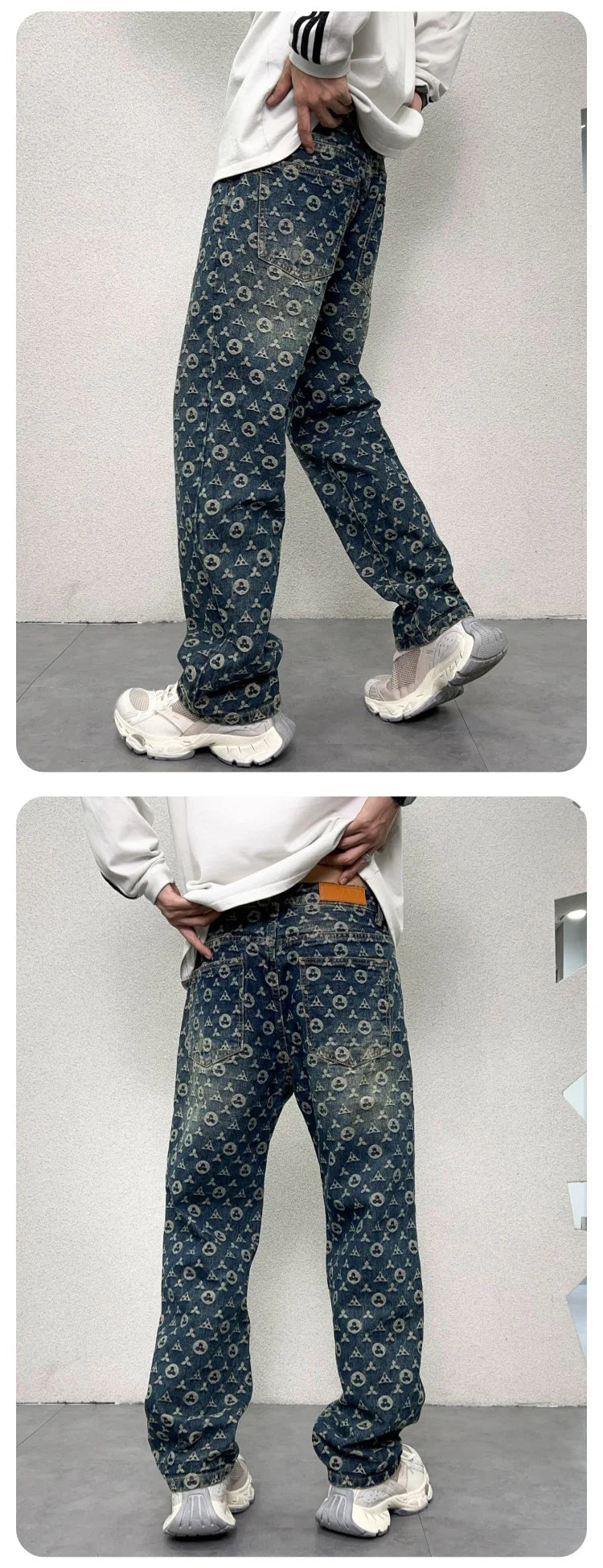 men jacquard streetwear hip hop vibe casual straight denim jeans pants boyfriend high street ripped jeans trousers unique jeans style 3019