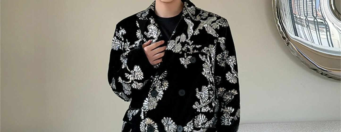 men sequin embroidery velvet loose casual 2 pieces suits blazers jacket pant sets stage party dress suits performance costumes unique default style 2713