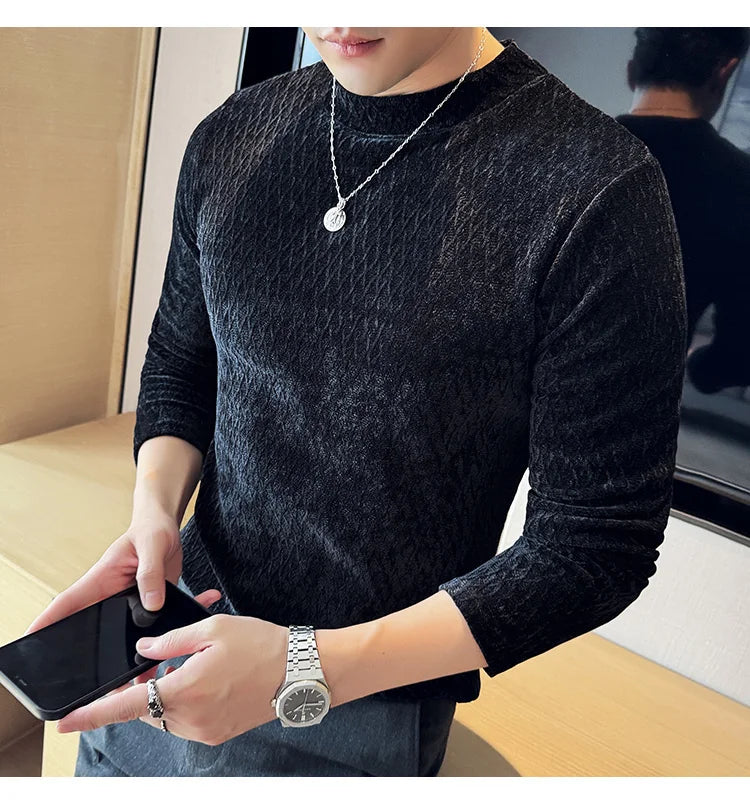 Autumn Winter Semi-turtleneck Stretch Slim Fit Long Sleeve Tshirt Men Thicken Velvet Jacquard Casual T-shirt Bottom T Shirt Street King Limited