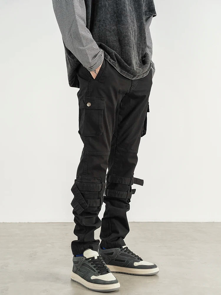 mens high street jeans casual hip hop military cargo pockets trousers new fashion slim fit zipper skinny denim pants joggers unique joggers style 1682