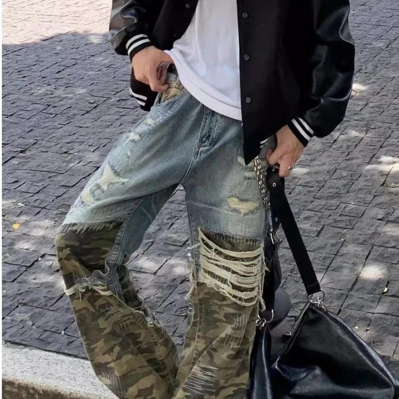 Trendy Camo Cowboy Cargo Pants Mens Spring Autumn Elasticity Fashion Harajuku Patchwork Straight Jeans New Washed Denim Trousers Street King Limited