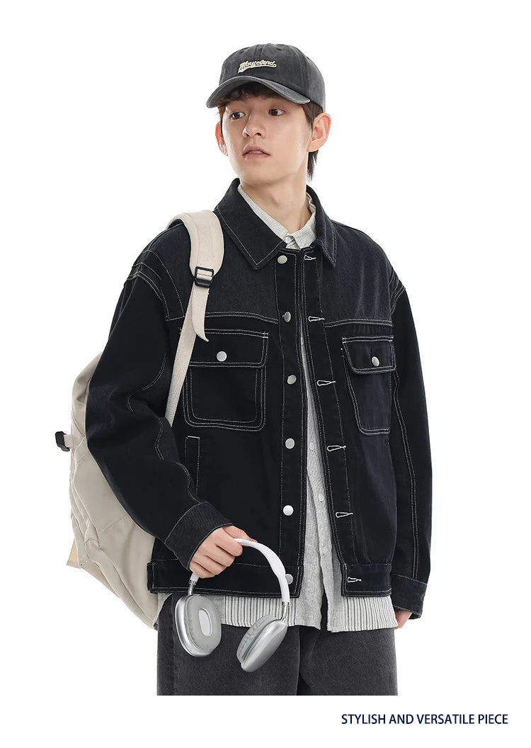 black denim splice coat mens streetwear fashion vintage loose casua plus size denim jacket man spring autumn coat outerwear unique jeans style 883