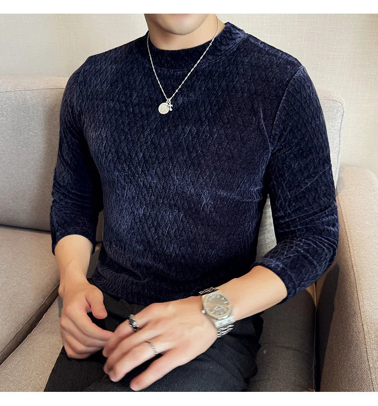 Autumn Winter Semi-turtleneck Stretch Slim Fit Long Sleeve Tshirt Men Thicken Velvet Jacquard Casual T-shirt Bottom T Shirt Street King Limited