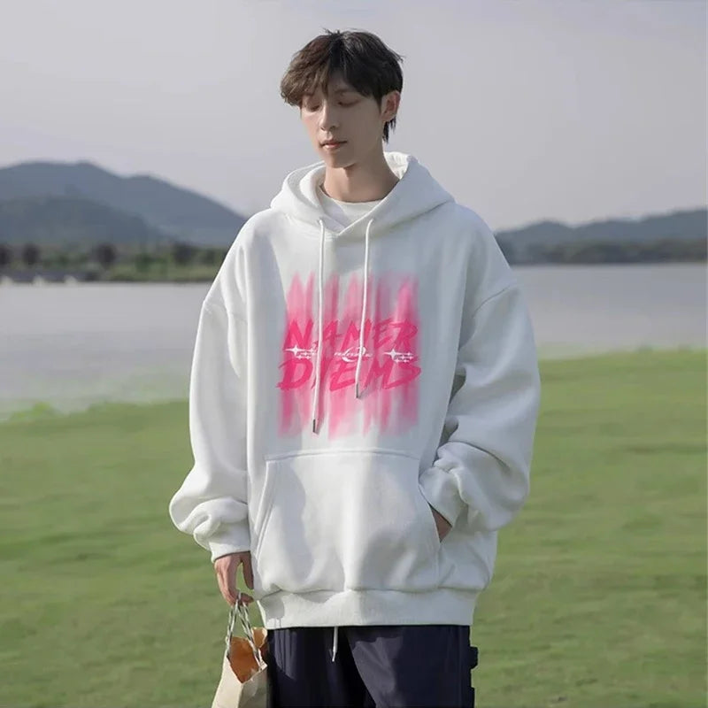 2024 New Graffiti Letter Print Hooded Fleece Sweatshirt For Men Loose Fit Hip Hop Fashion Pullover Hoodies Y2K Streetwear Hoodie Street King Limited