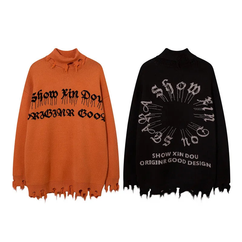 Half High Collar Goth Women Men Sweaters Oversized Long Sleeve Knitted Pullovers Y2k Men Ripped Sweater Harajuku Streetwear Tops Street King Limited