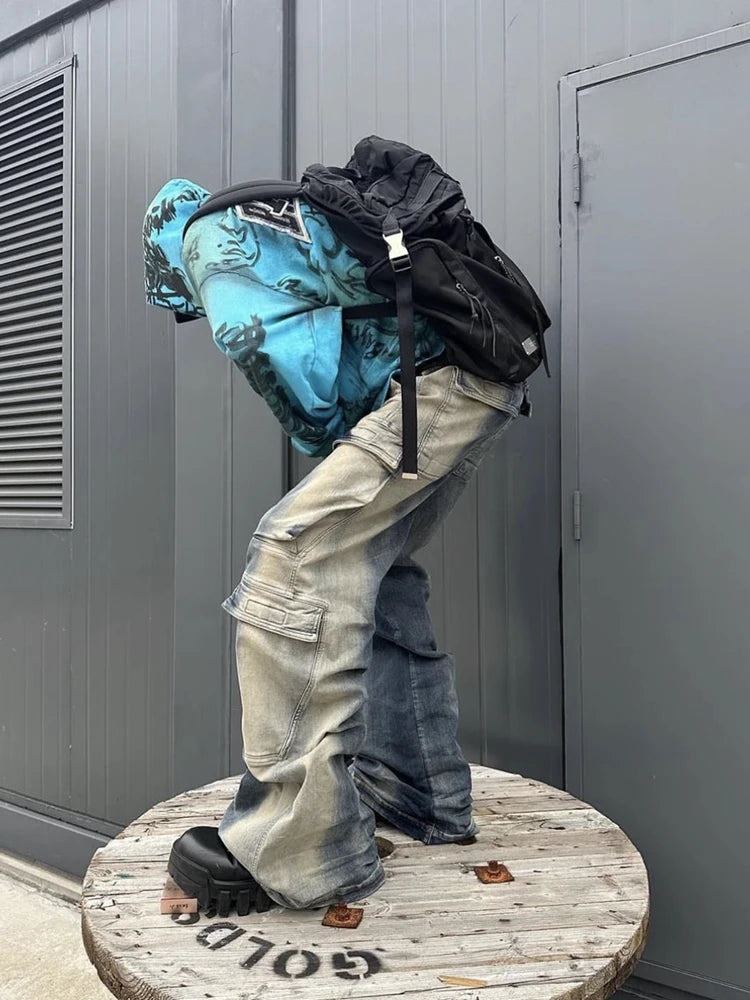 fashion denim baggy cargo jean pants men hip hop elastic waist wide legs retro washed jeans side pocket streetwear jeans joggers unique joggers style 3481