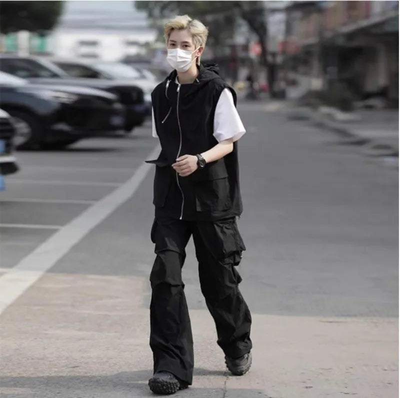 summer casual sleeveless set men hip hop loose hooded vest pockets straight leg cargo pants 2 piece outdoors sports camp suit unique cargo style 3842