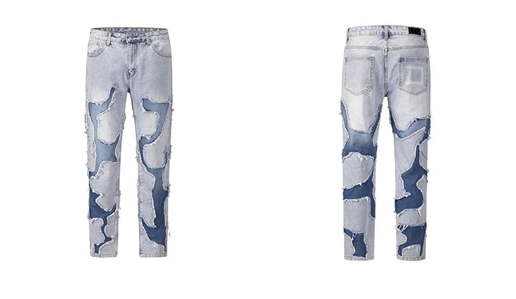 ripped irregular patchwork design denim jeans men casual zipper biker trousers jeans fashion streetwear hip hop pants joggers unique joggers style 2623